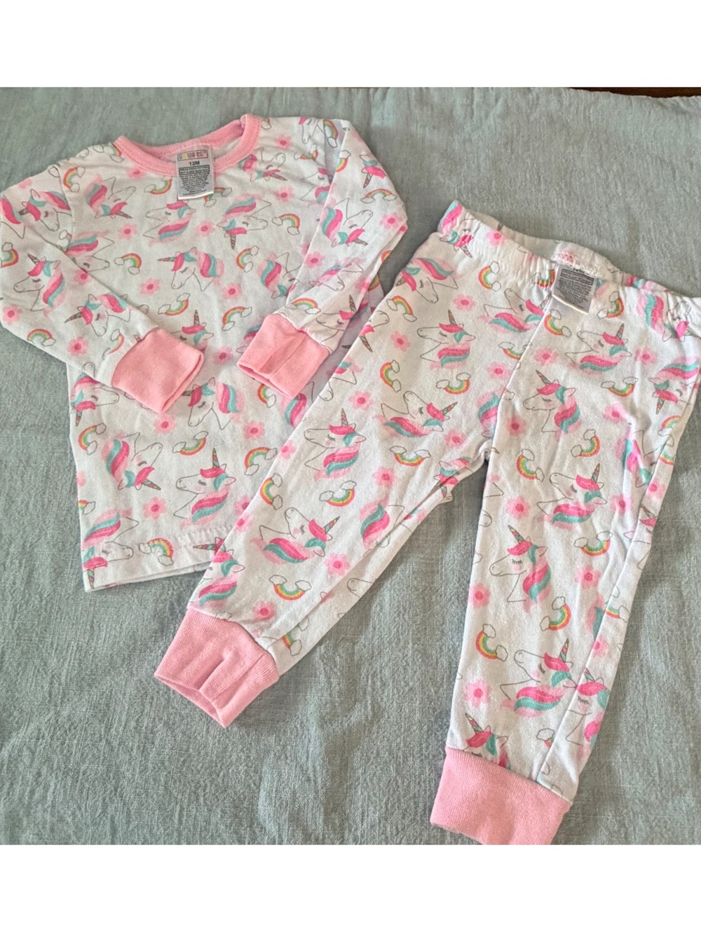 Sweet & Sassy Girls 12M Unicorn Rainbow Pajama Set Pink 2 Piece Sleepwear